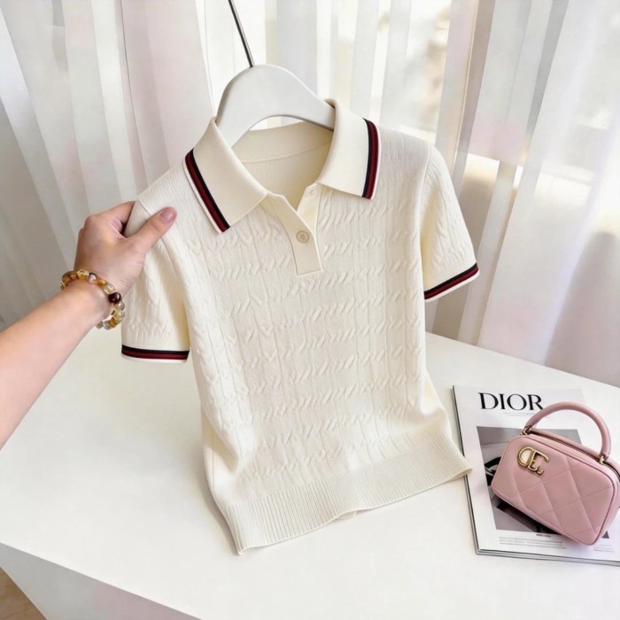Ice Silk Áo Len Màu Sắc Tương Phản Sọc Ve Áo Nữ Lỏng Lẻo Phong Cách Hàn Quốc Slim Twist Cổ Po