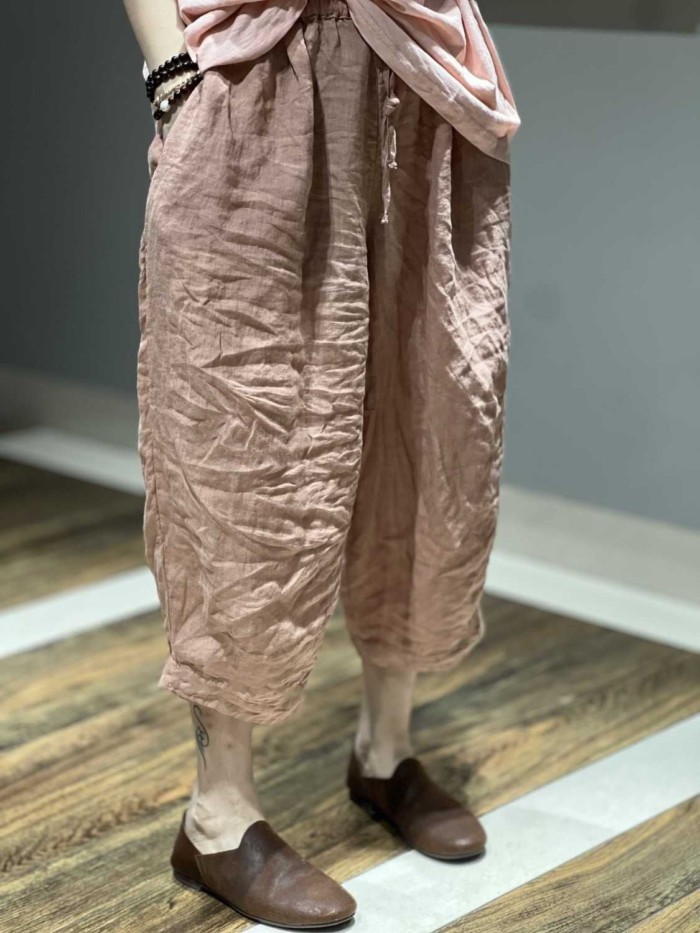 Mới Đồng Màu Ống rộng Cotton và Vải Lanh Quần Cắt Rời Retro Cổ Cà Rốt Hậu Cung Quần dành cho Nữ