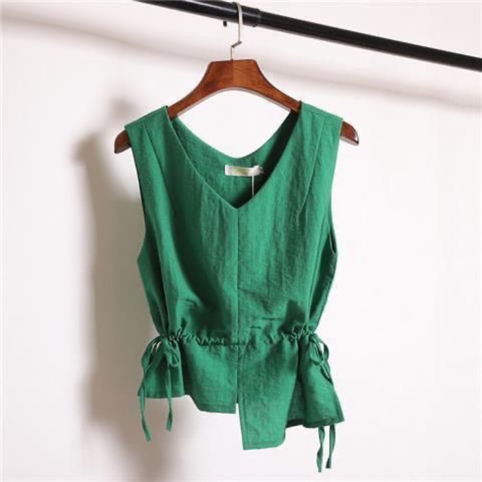 Áo vest không tay cổ chữ V bất đối xứng thắt lưng phong cách Hàn Quốc dành cho nữ mùa hè phon