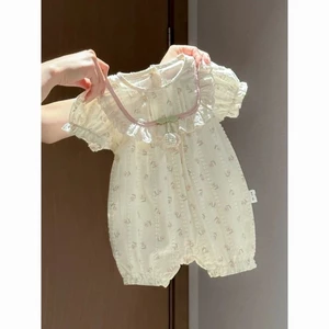 Bộ áo liền quần mỏng in hoa mùa hè Áo liền quần ngắn tay công chúa ngọt ngào và dễ thương cho