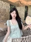 Phiên bản Hàn Quốc của áo sơ mi cổ búp bê ren ngọt ngào tay ngắn dáng rộng tay phồng mùa hè á