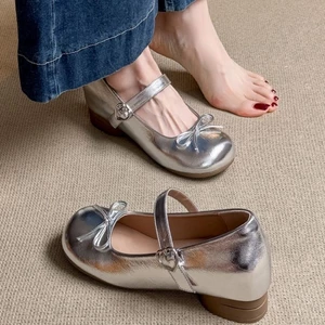 Giày cao gót bên trong nơ 8cm nơ một dây đeo Giày Mary Jane màu bạc dày gót giày cao gót dành cho n