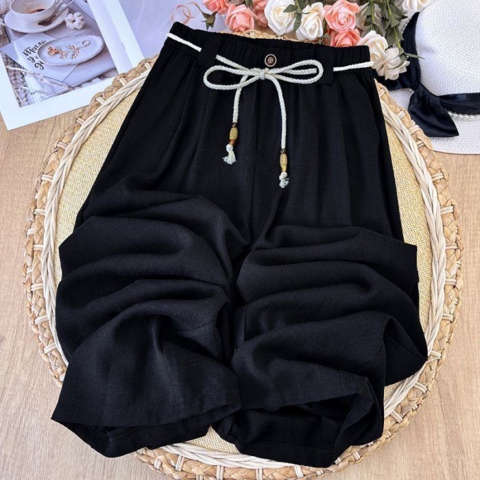 Kích Thước Lớn Màu Xanh Hải Quân Cotton Và Vải Lanh Quần Ống Rộng Mùa Hè Mới Mỏng Đa Năng Thoáng