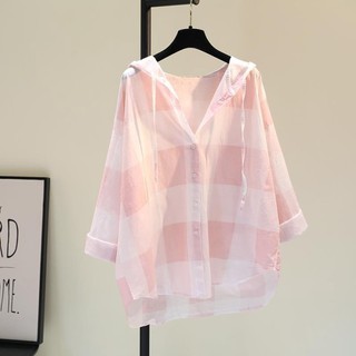 Áo hoodie cotton và vải lanh kẻ sọc màu hồng cho nữ mùa xuân mới phong cách Hàn Quốc áo sơ mi dá