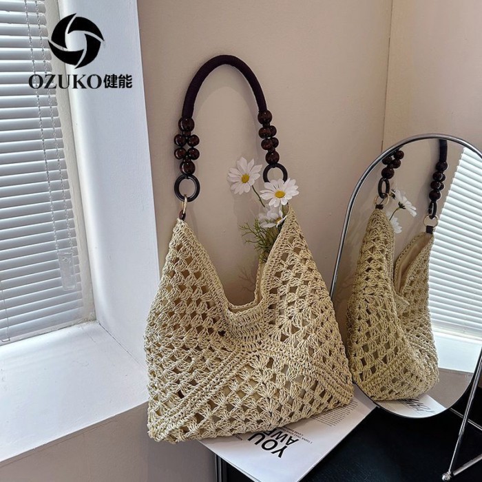 Love Lazy Style Hollow Woven Bag Women's New Travel Shoulder Tote Bag Beach Straw Bag