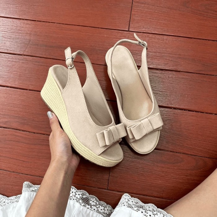 Retro Giày Đế Xuồng Ngọt Thắt Nơ Lưng Trống Miệng Cá Dây Giày Xăng Đan Nữ