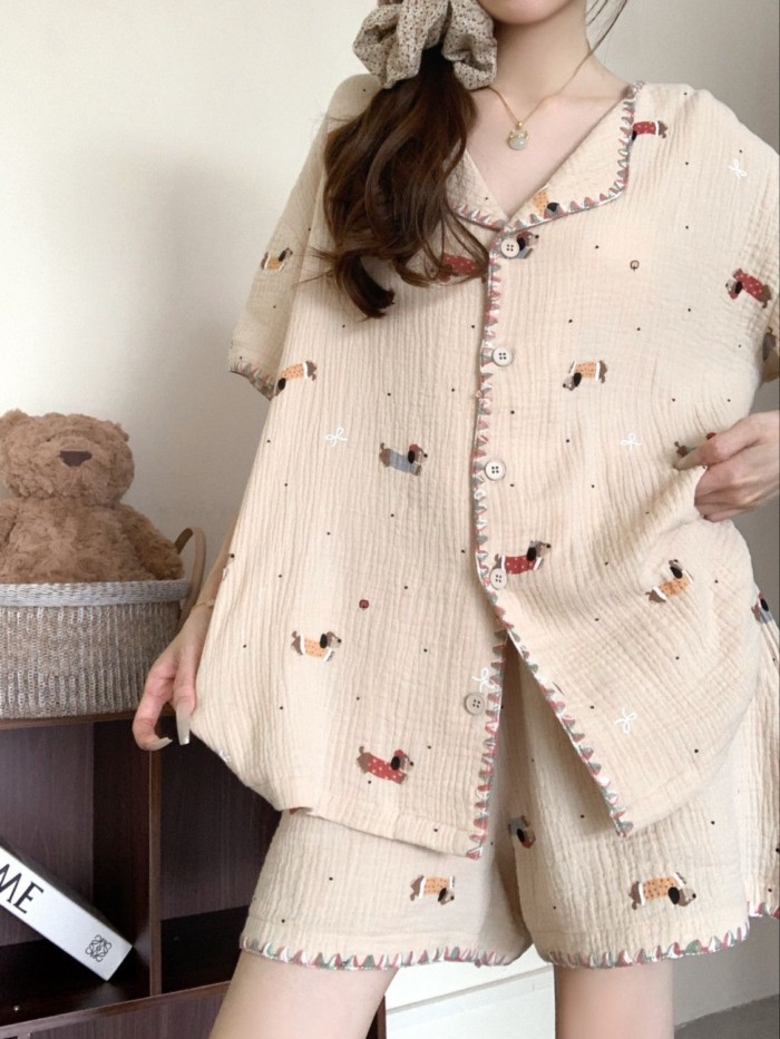 Korean Pajamas Ins Cartoon Dachshund Short-sleeved Home Clothes Summer New Cloud Cotton High-