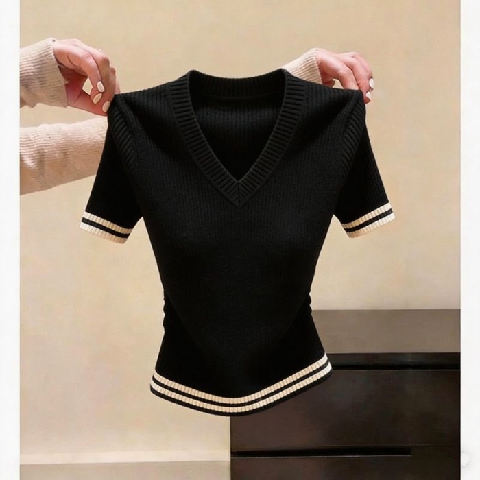 Áo len ngắn tay cổ chữ V màu trắng sang trọng retro dành cho nữ mùa hè phong cách mới siêu đẹ