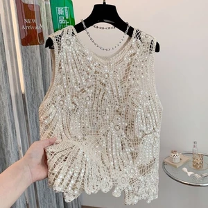 sequin móc rỗng dệt kim yếm trong mặc ngoài của phụ nữ mùa hè mới áo vest áo không tay