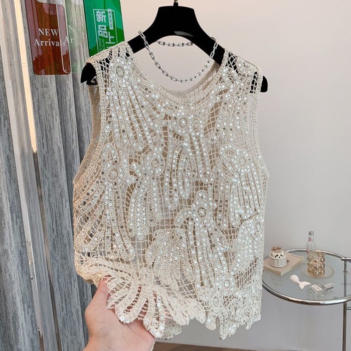 sequin móc rỗng dệt kim yếm trong mặc ngoài của phụ nữ mùa hè mới áo vest áo không tay