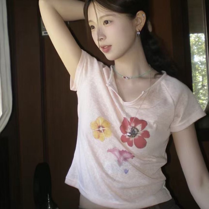 Colorful Flower V-neck Snowflake Cotton Short-sleeved Summer New Loose And Comfortable Design