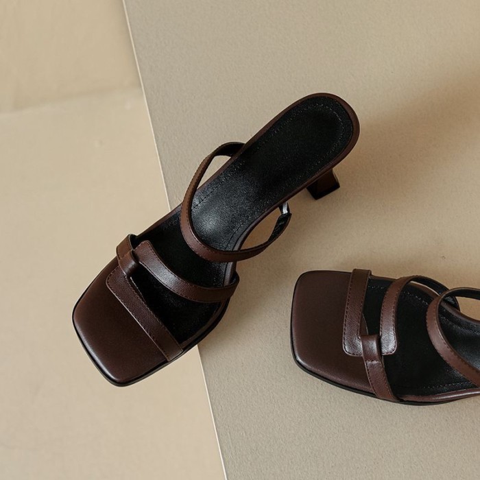 Giày sandal hở mũi da nhẹ sang trọng của Pháp dành cho nữ mùa hè mũi vuông thời trang một dây quai