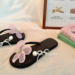 French Flower Pearl Flip-flops For Women Summer Flat Non-slip Seaside Vacation Slippers For W