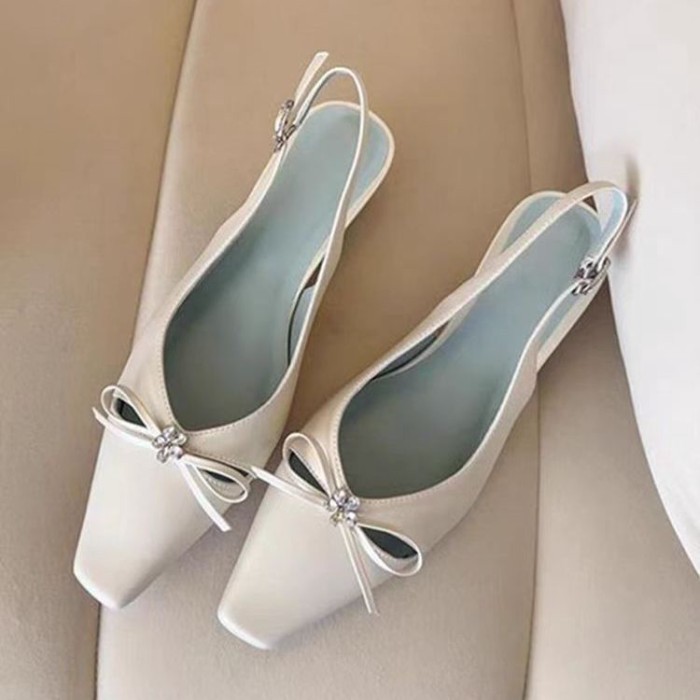 Giày cao gót nơ kiểu Pháp, khóa một dây, sandal mũi nhọn, gót dày mùa hè cho nữ, giày nữ vừa gót