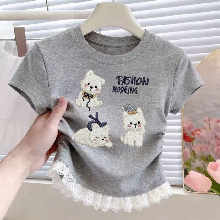 Bé Gái Ôm Áo Thun Nữ Tay Ngắn Phối Ren Mùa Hè Hoạt Hình Mới Trẻ Em Quần Áo Mùa Hè Vừa Và Lớn Trẻ