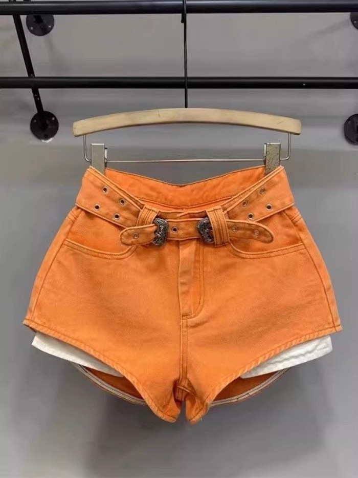 quần short denim dài phong cách mùa hè mới màu cam hot girl chân dài, lưng cao, túi rò rỉ đa năn