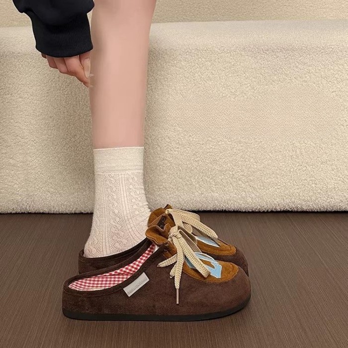 Dopamine Thời Trang Phổ Biến Đế Dày Bao Đầu Dép Nữ Buộc Dây Slip-On Chống Trơn Trượt Đa Năng Dép