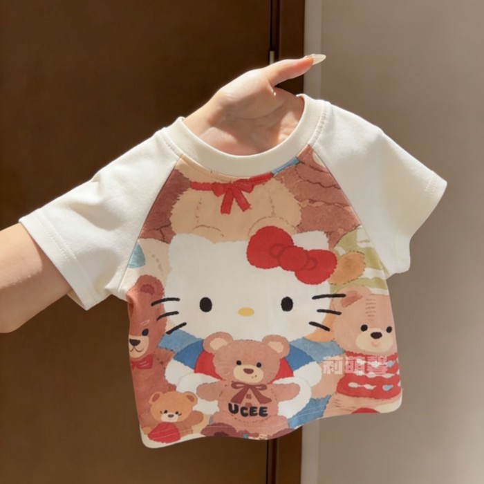 Cute Cartoon Splicing Short-sleeved T-shirt Girls Pure Cotton Summer Wear New Baby Style Kt C