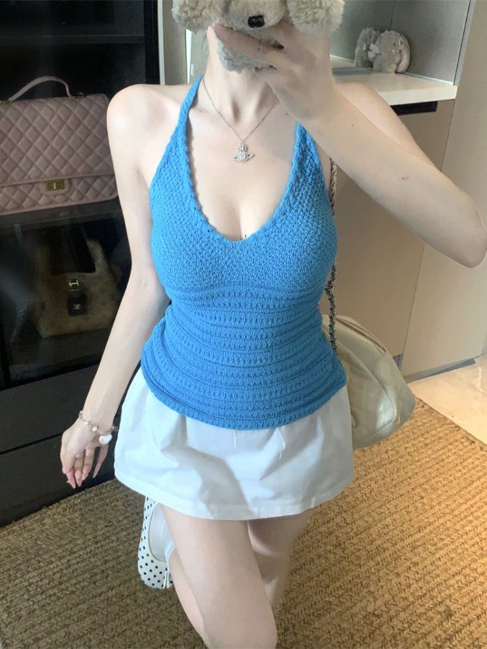 Crocheted Halterneck Vest For Women Summer New Style Blue Slim Fit Backless Versatile Commutin