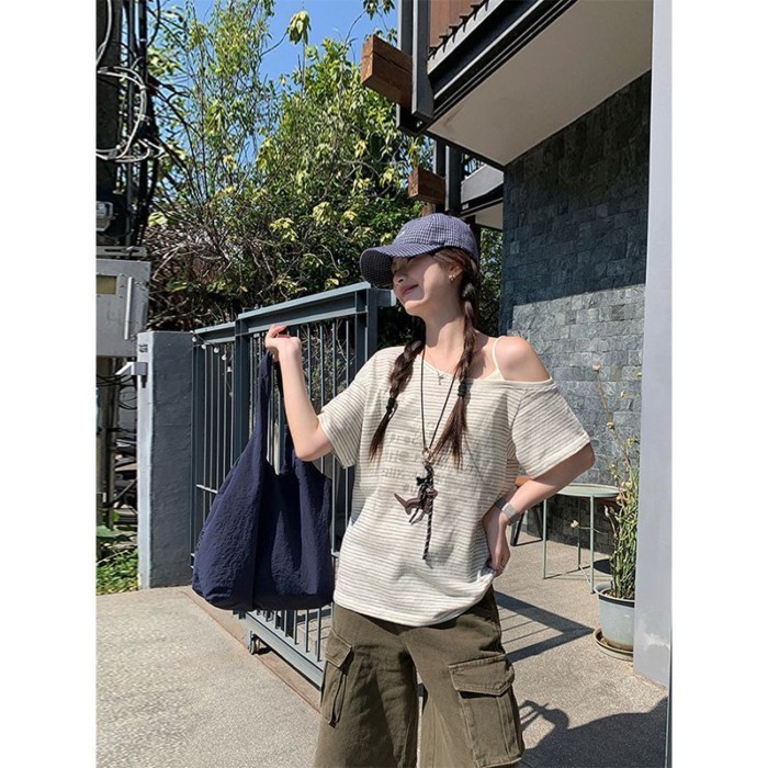 Striped Slanted Shoulder Short-sleeved T-shirt For Women Summer New Design Niche Loose Lazy S