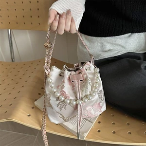 Túi Bucket Ngọc Trai Nữ Mùa Hè Phong Cách Trung Hoa Túi Đeo Vai Thêu Đơn Giản Cao Cấp Dây Xích T