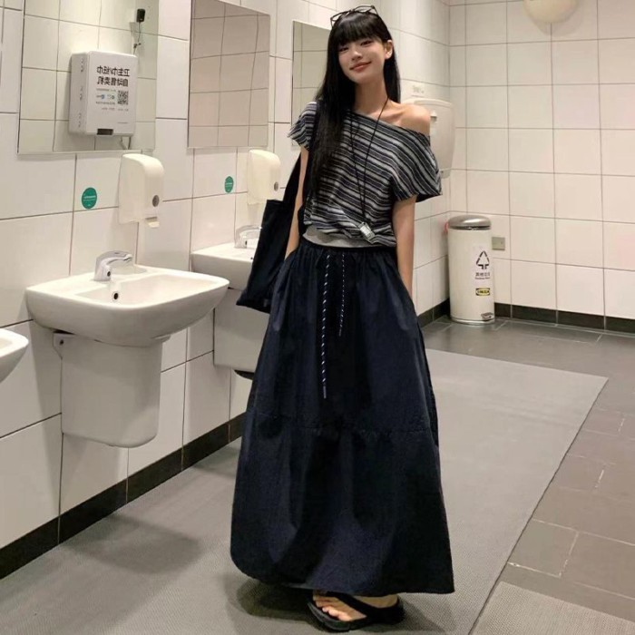 Váy bảo hộ lao động nhanh khô hải quân cho nữ, váy bí ngô mùa hè, váy phồng cạp cao phong cách miền