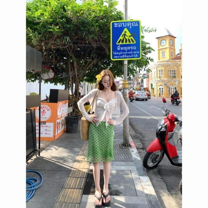Lan ~ American Hot Girl Xanh Chấm Bi Váy Nữ Xuân Hè Phong Cách Mới Phù Hợp Với Tất Cả Trận Đấu Thường Ngày Chất Lượng Cao Chữ A Váy Giữa Viền