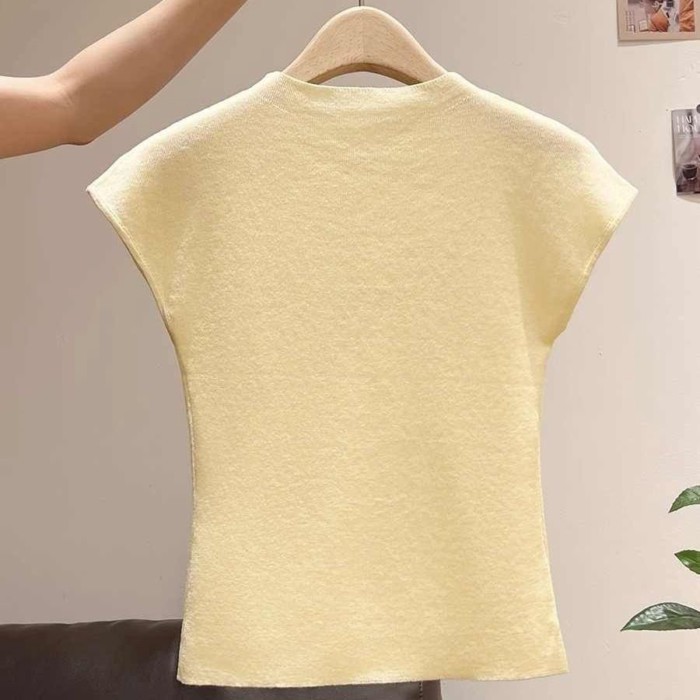 Kiểu Pháp vòng eo ngắn kiểu dáng nhẹ nhàng ôm vừa vặn dệt kim thêu chữ màu vàng nhạt áo thun