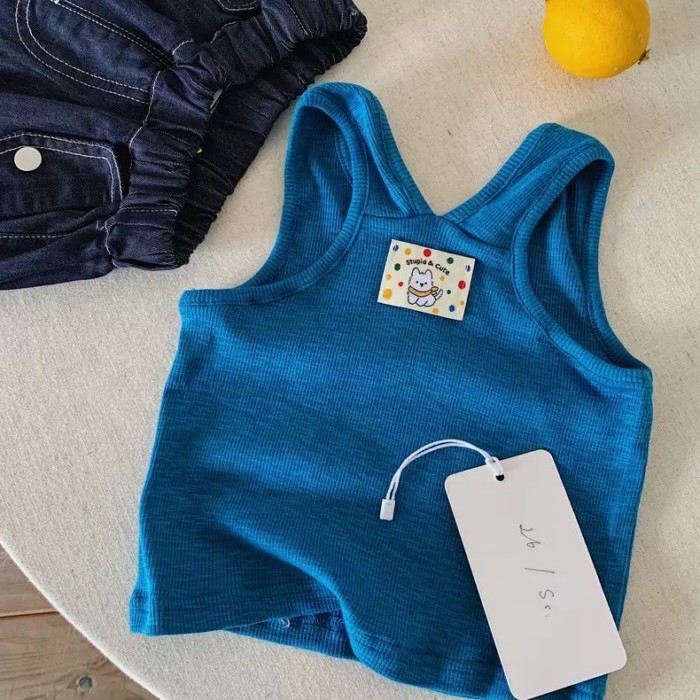 Children's Solid Color Vest Men's Summer New Children's Cartoon Label Top Baby High Elastic S