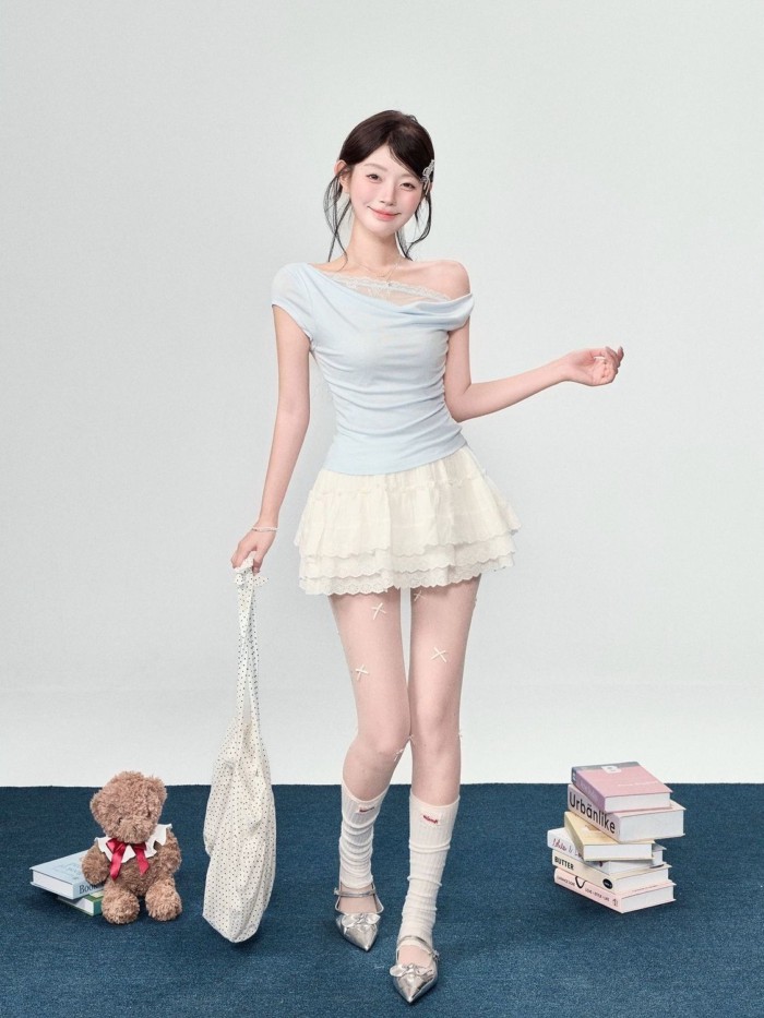 Cotton Pure Desire Swing Collar Lace Spliced Sloping Shoulder T-shirt Women's Summer New Hot