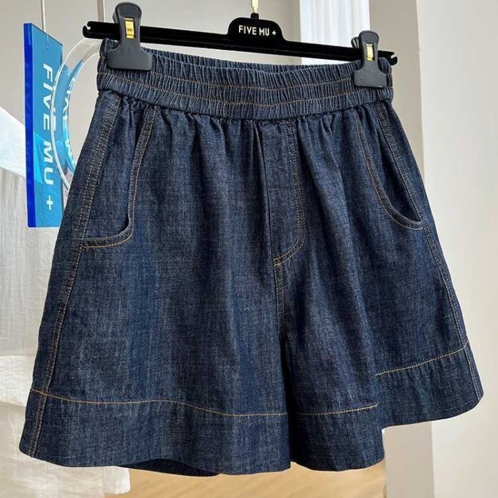Lưng thun giản dị quần short denim nữ mùa hè mỏng dáng rộng lưng cao chữ A quần ống rộng hot