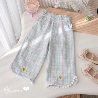Bộ Đồ Mùa Hè Bé Gái Quần Chín Điểm Phong Cách Phương Tây Kẻ Sọc Mục Vụ Ren Thêu Quần Âu Bé Gái Quần