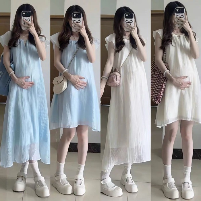 Quần áo bà bầu thời trang mùa hè váy bà bầu tay bay dài váy lưới váy bà bầu mùa hè