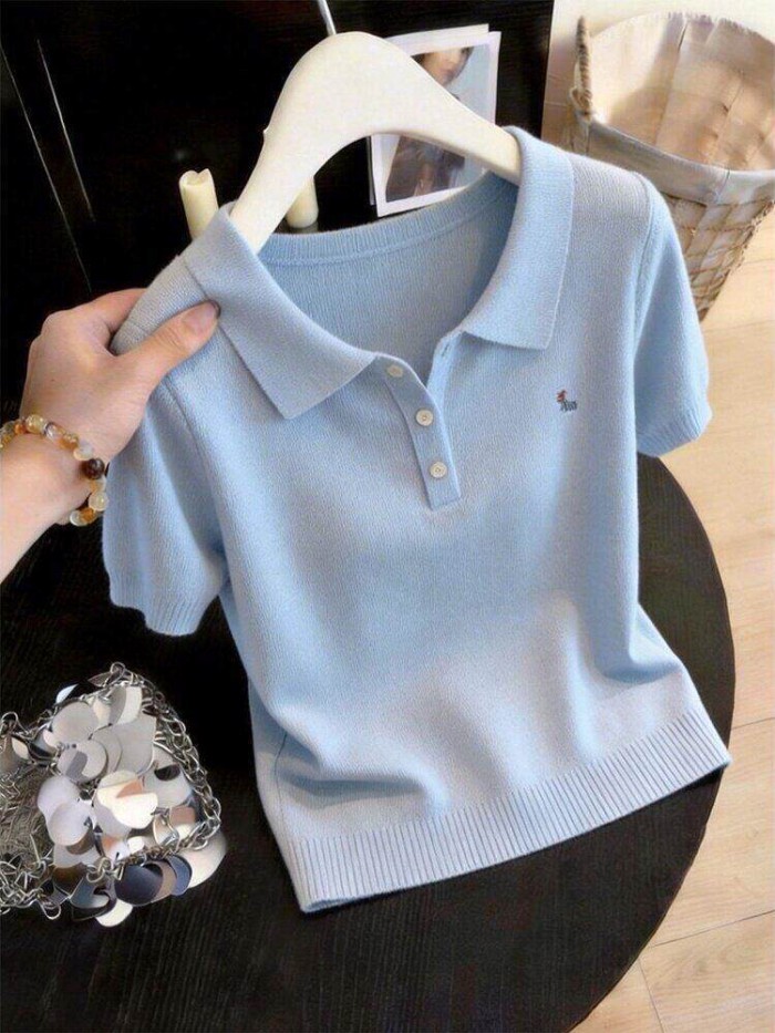 Nữ phong cách ngọt ngào phong cách Hàn Quốc Áo thun cổ polo ngắn tay áo len phổ biến