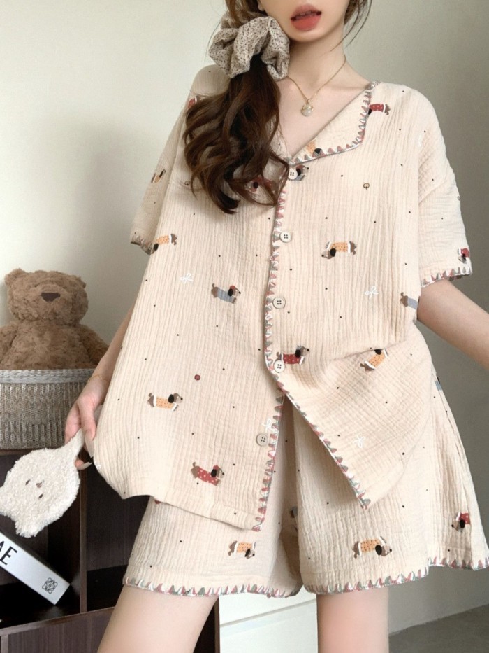 Korean Pajamas Ins Cartoon Dachshund Short-sleeved Home Clothes Summer New Cloud Cotton High-