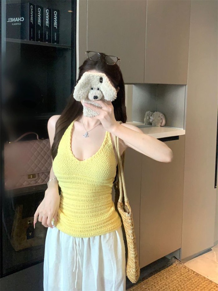 Crocheted Halterneck Vest For Women Summer New Style Blue Slim Fit Backless Versatile Commutin
