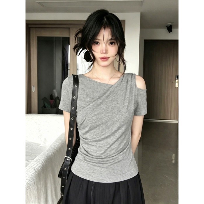 Modal Irregular Sloped Shoulder Short Sleeve T-shirt Women Summer New Slim Waist Short Off-Sh