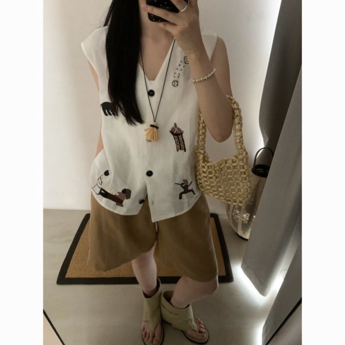 Vải lanh dáng rộng thêu mùa hè mới phong cách cổ điển áo vest vải lanh và cotton dành cho nữ