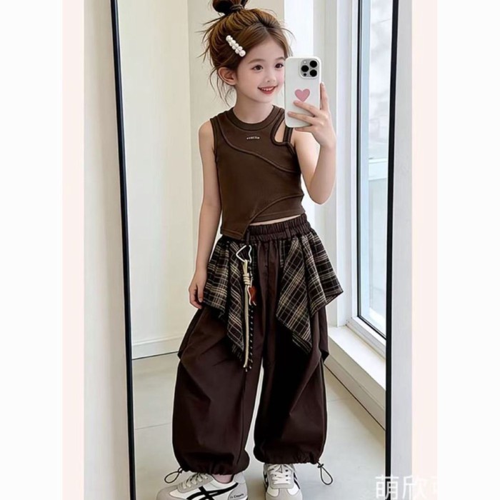 Bộ vest vest phong cách ngọt ngào mát mẻ mùa hè mới dành cho bé gái Bộ hai mảnh quần ống rộng