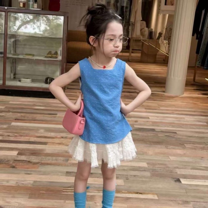 Quần áo trẻ em phong cách Hàn Quốc thiết kế bé gái áo vest không tay chấm bi váy ren Bộ đồ ha