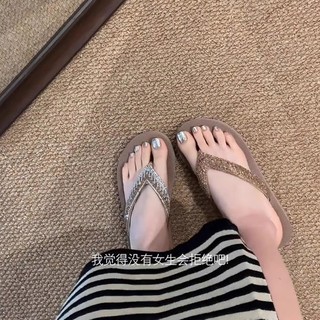 Rhinestone Flip-flops Thick-soled Women's Outer Wear Wedge Heel Black Eva Flip-flops Increase