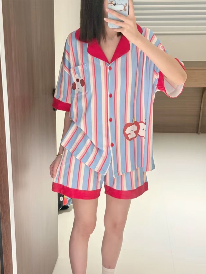 ins Korean Style Sweet Striped Apple Pajamas For Women Summer New Short-sleeved Shorts Casual