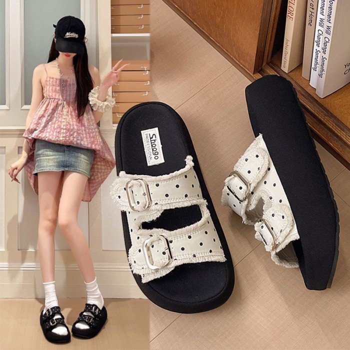 Dép đế dày một chữ chấm bi cao cấp dành cho nữ, áo khoác ngoài mùa hè, chống trơn trượt, nửa trơn B