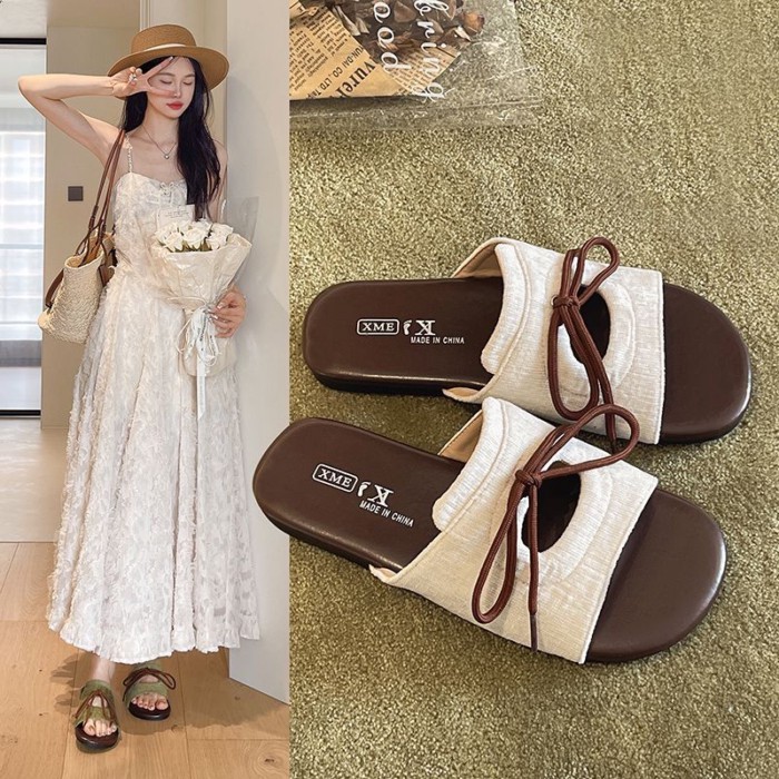 Dép quai ngang nơ phong cách retro Hàn Quốc dành cho nữ dép xỏ ngón mùa hè thời trang đa năng nh