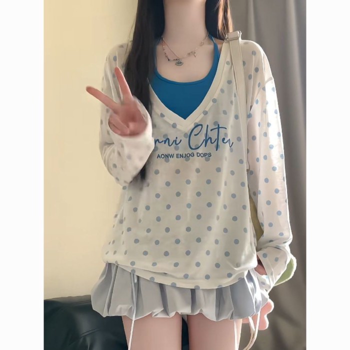 Áo dài tay chống nắng chấm bi cho nữ dây đeo cổ màu xanh phong cách Hàn Quốc dáng ôm thời trang