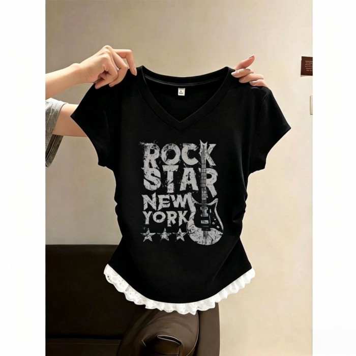 Mỹ Màu Vàng Kem Vai Phải Áo Thun Nữ Tay Ngắn Nữ Mùa Hè Chữ Guitar Phối Ren Viền Top