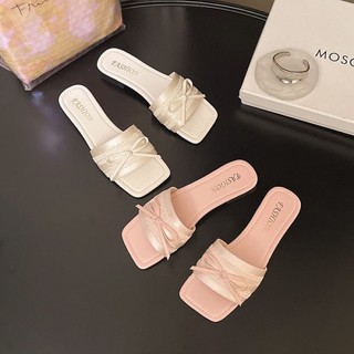 Square Toe Bow Flat Slippers New Style Slippers For Women To Wear Super Fairy Fashion One-Wor