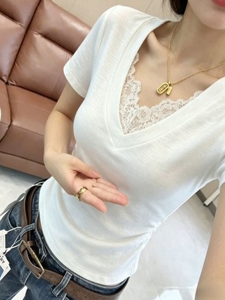Pure Desire V-neck Lace Splicing Pleated Short-sleeved T-shirt Women's Summer New Slim Fit Ve