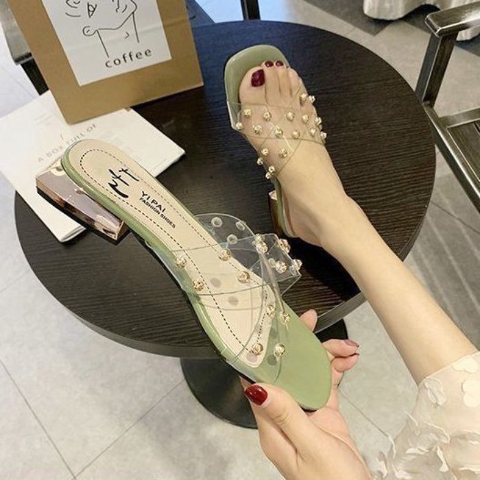 Giày Nữ Lưới Nổi Tiếng Trong Suốt Dép Nữ Gót Thấp Đa Năng Phong Cách Mới Dép Thời Trang