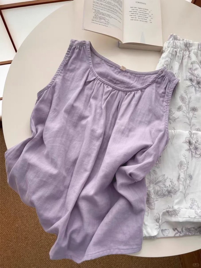 Bộ đồ ngủ có miếng đệm ngực cho nữ mùa hè mới phong cách Trung Hoa ngọt ngào, quần vest không
